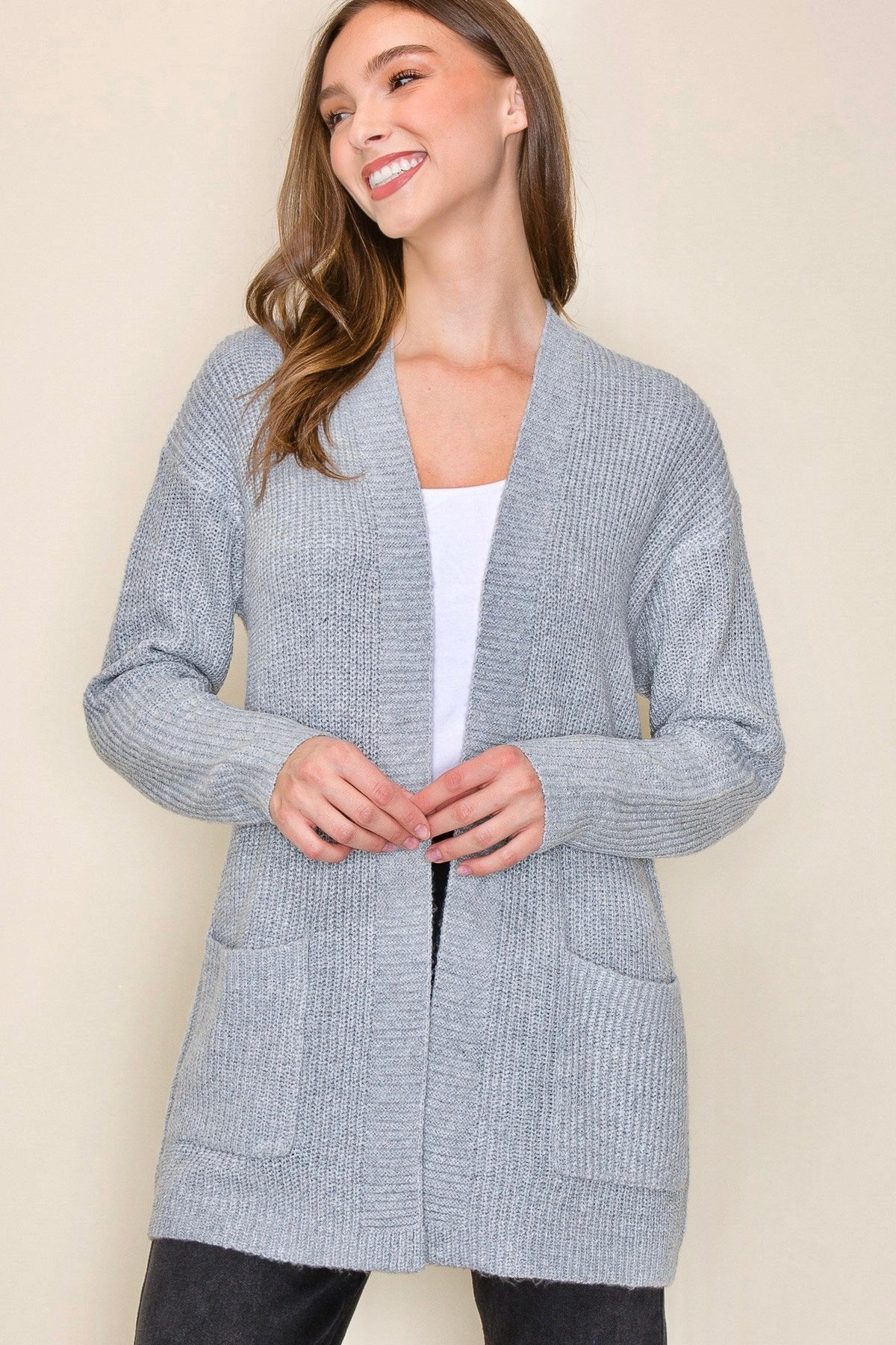 HEATHERED GREY OPEN FRONT POCKET SWEATER CARDIGAN