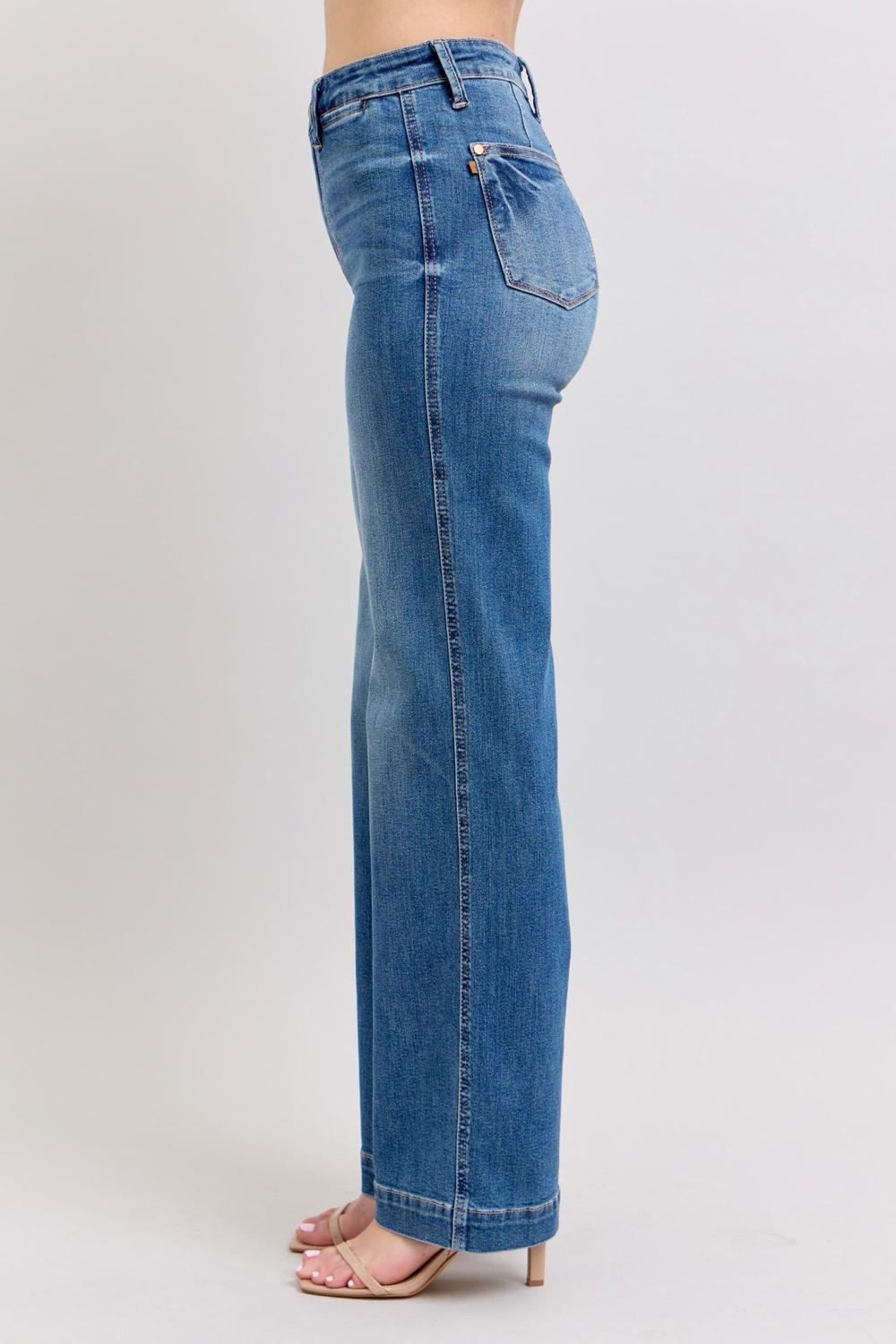 JUDY BLUE HIGH WAIST CONTRAST THREAD STRAIGHT DENIM JEANS