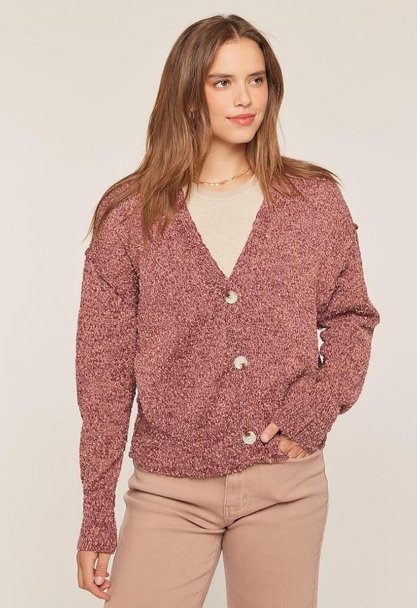 PLUM/DUSTY ROSE BUTTON FRONT DROP SHOULDER CARDIGAN