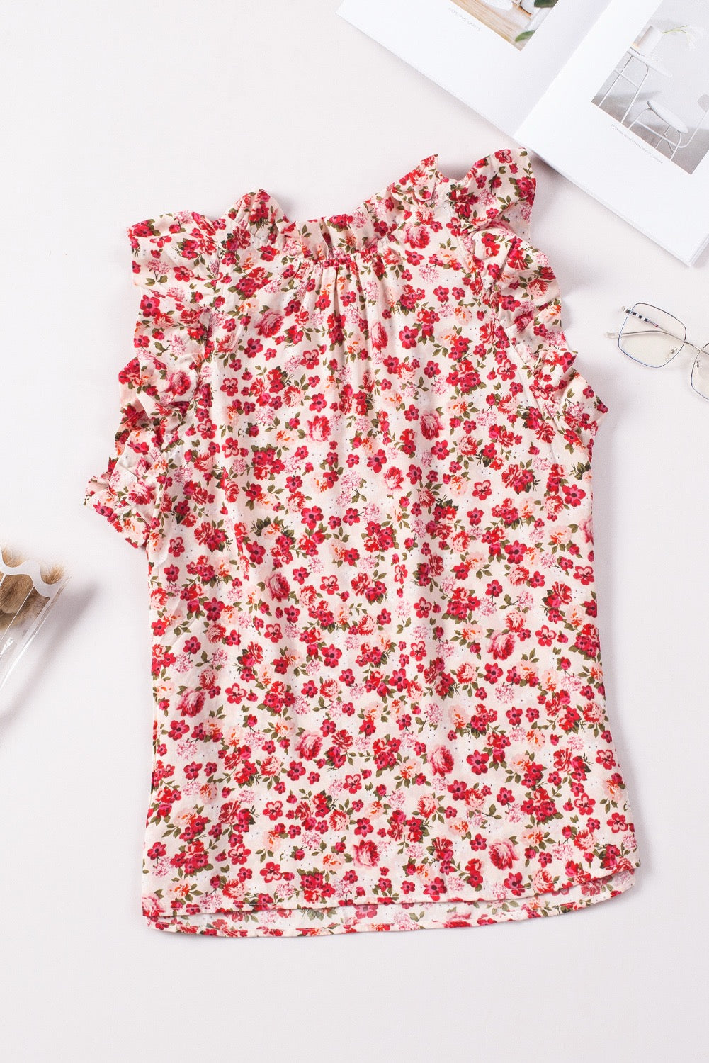 FIERY RED FLORAL RUFFLED MOCK NECK SLEEVELESS TOP