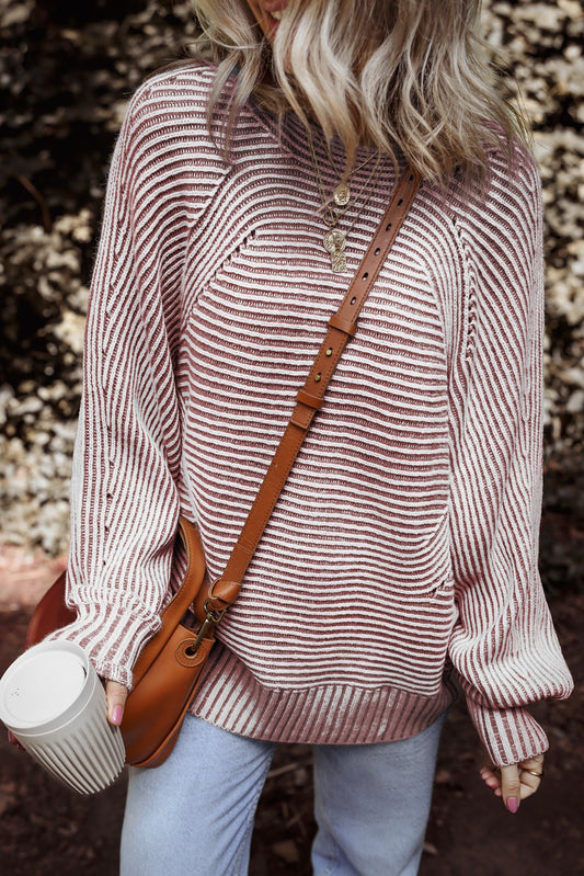 PREORDER RED DAHLIA STRIPED RIBBED KNIT BOATNECK BAGGY SWEATER
