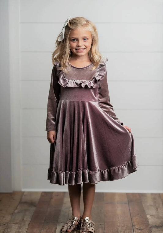 KIDS LAVENDER VELVET RUFFLE DRESS