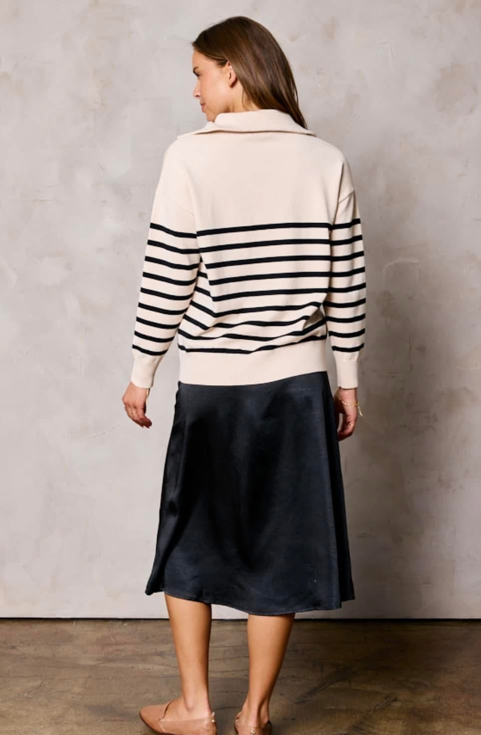 OATMEAL/BLACK STRIPE HALF ZIP SWEATER