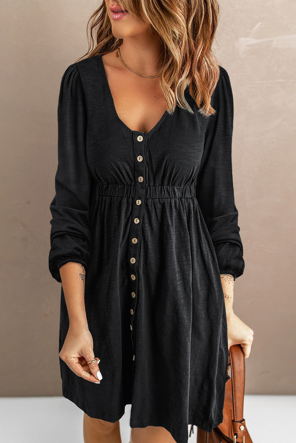 BLACK BUTTON DOWN LONG SLEEVE DRESS