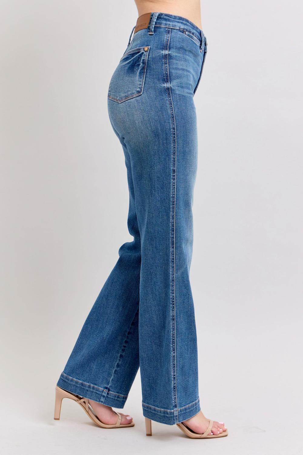 JUDY BLUE HIGH WAIST CONTRAST THREAD STRAIGHT DENIM JEANS