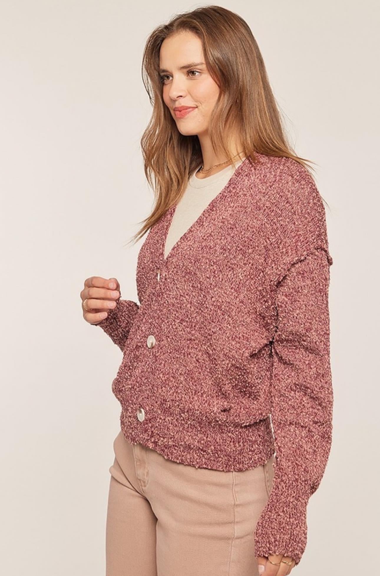 PLUM/DUSTY ROSE BUTTON FRONT DROP SHOULDER CARDIGAN