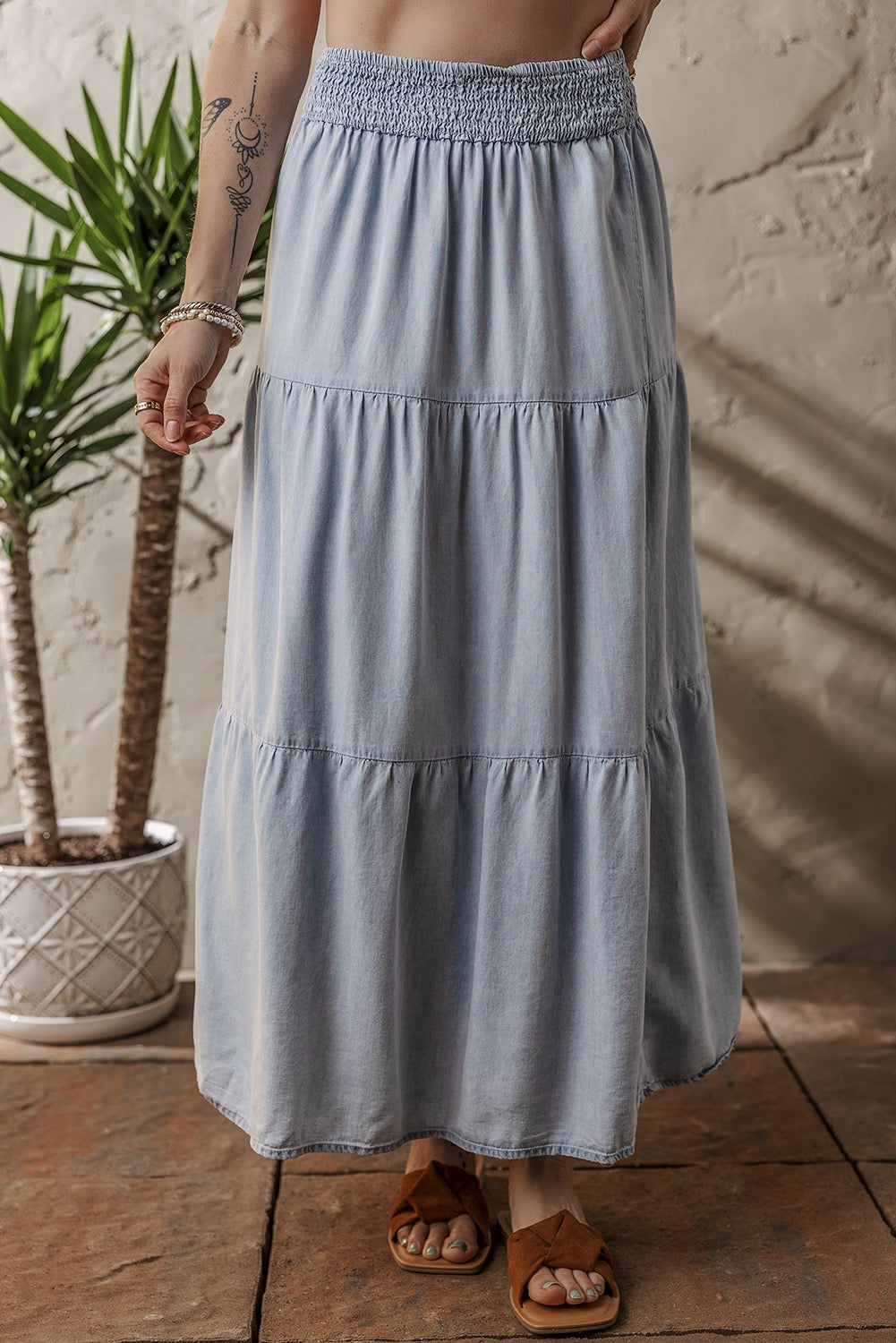 PREORDER TIERED SMOCKED DENIM MAXI SKIRT