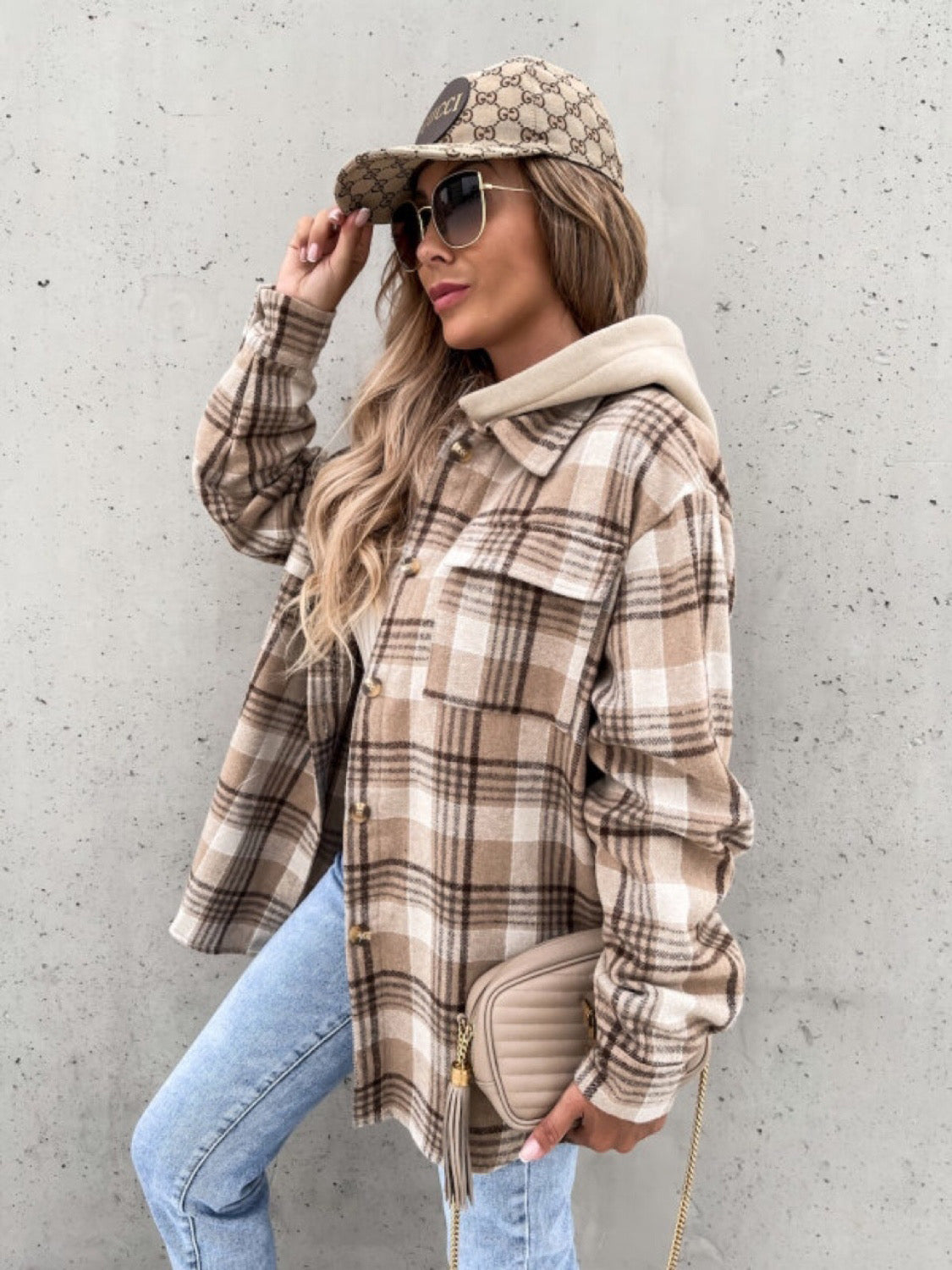 CAMEL PLAID SHACKET WITH REMOVABLE HOOD