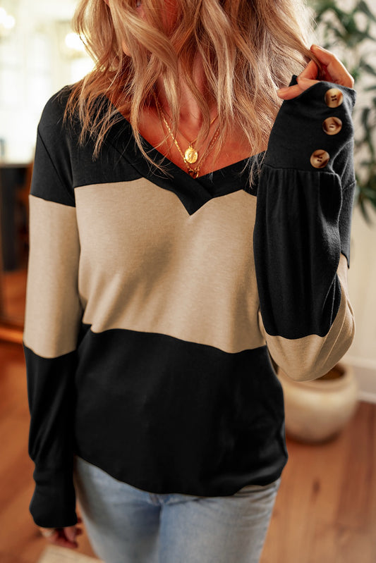 BLACK & TAN VNECK TOP WITH BUTTON SLEEVE DETAIL