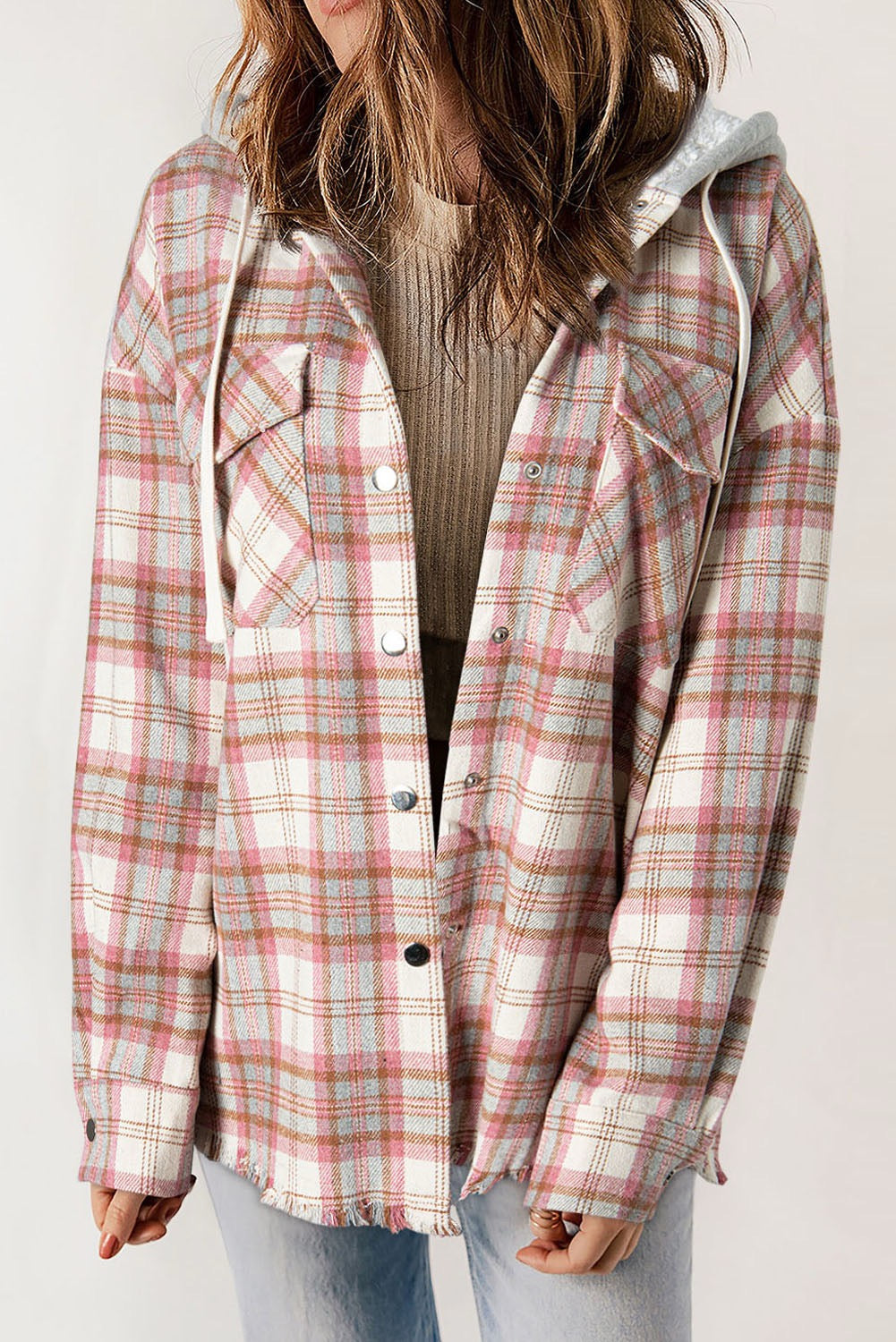 MULTICOLOR PLAID HOODED RAW HEM JACKET