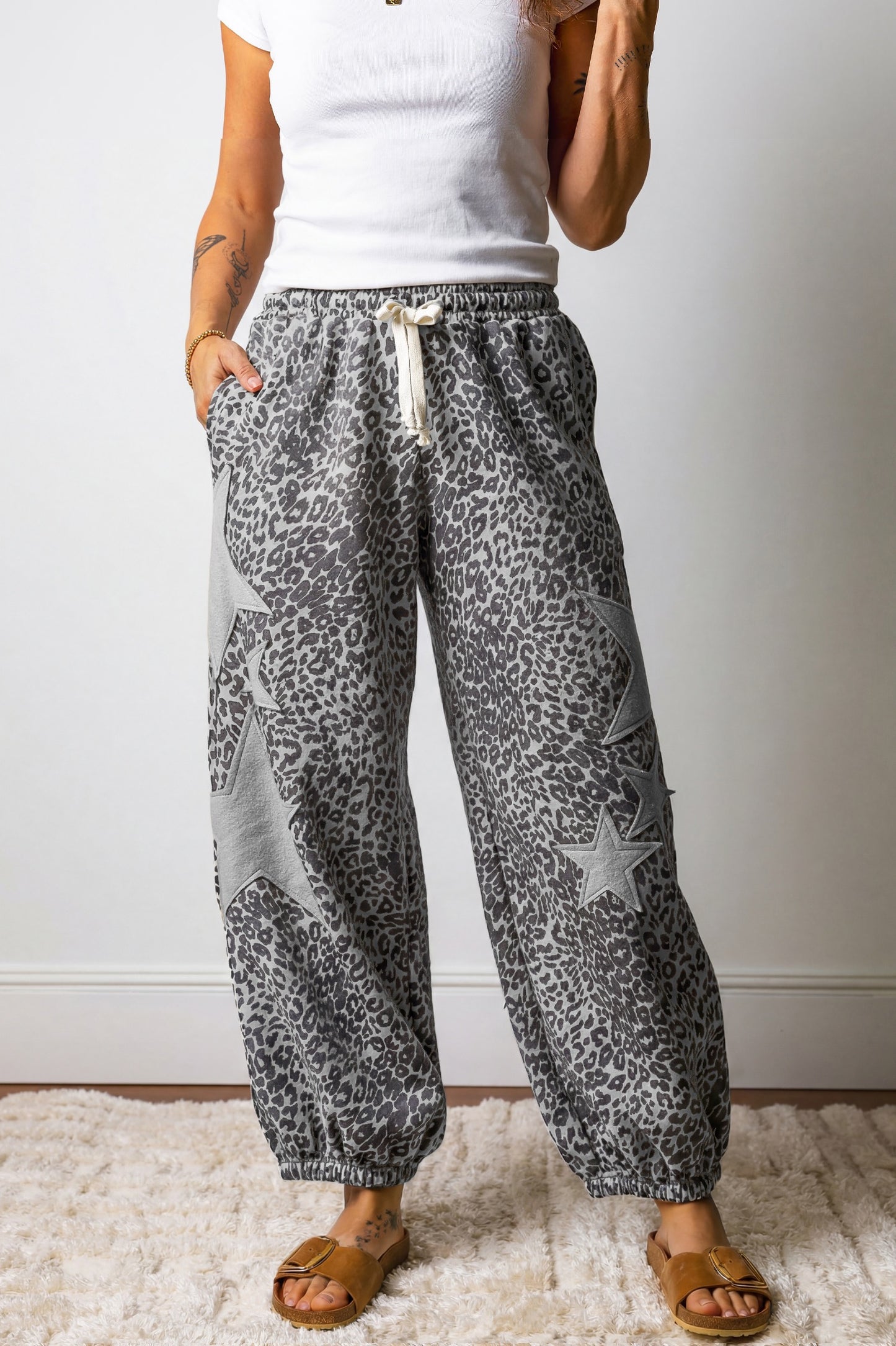 PREORDER GRAY LEOPARD STAR PATCH JOGGERS