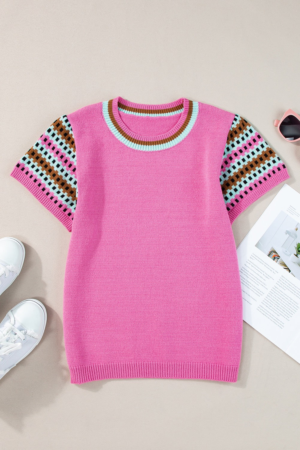 PINK SOFT TOP WITH PATTERNED SLEEVE