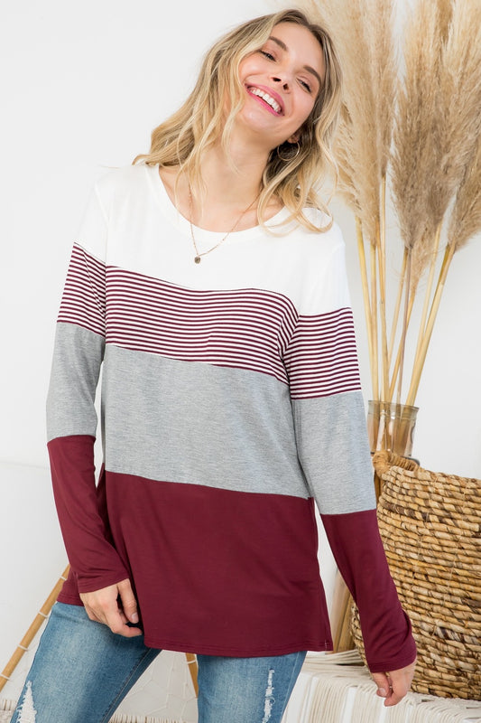BURGUNDY LONG SLEEVE SOLID STRIPE COLORBLOCK