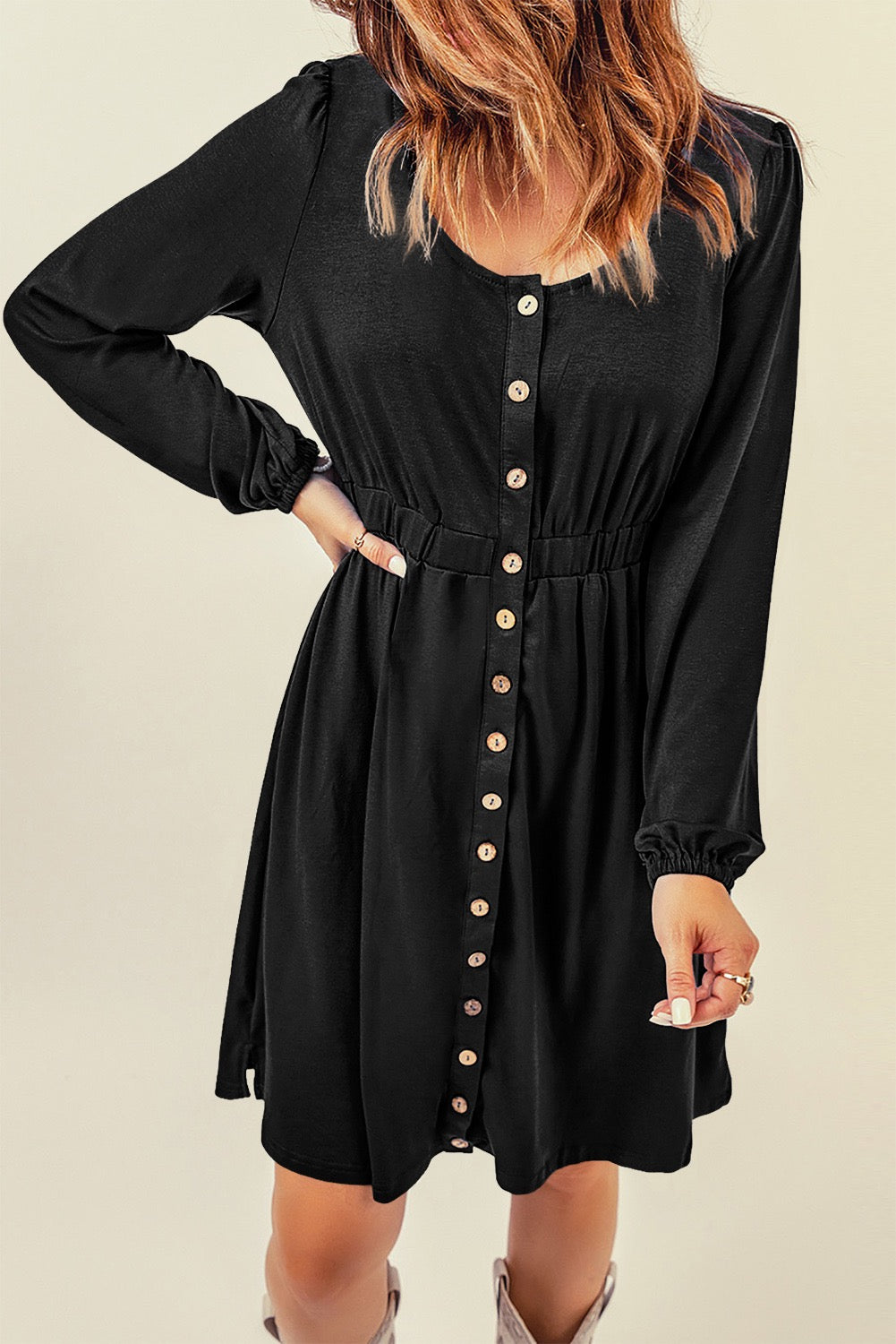 BLACK BUTTON DOWN LONG SLEEVE DRESS