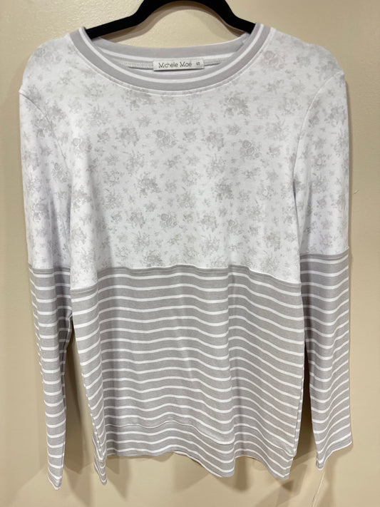 MICHELLE MAE GRAY FLORAL STRIPE CREWNECK SWEATSHIRT SIZE SMALL