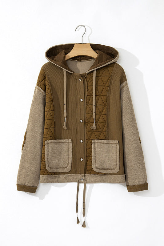 OLIVE QUILTED PATCHWORK HOODED JACKET