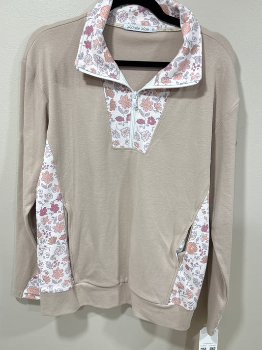 MICHELLE MAE COLLARED TAN FLORAL COLLARED QUARTER ZIP SWEATSHIRT
