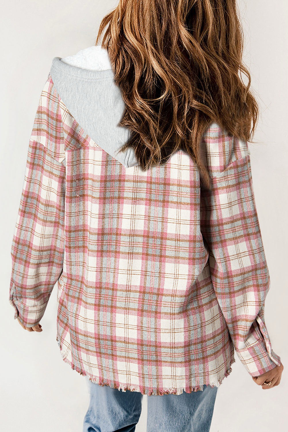 MULTICOLOR PLAID HOODED RAW HEM JACKET