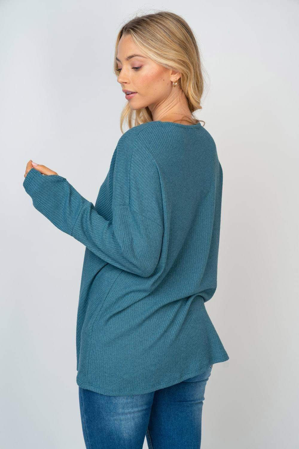 DUSTY TEAL BLUE RIBBED KNIT WITH THUMBHOLES