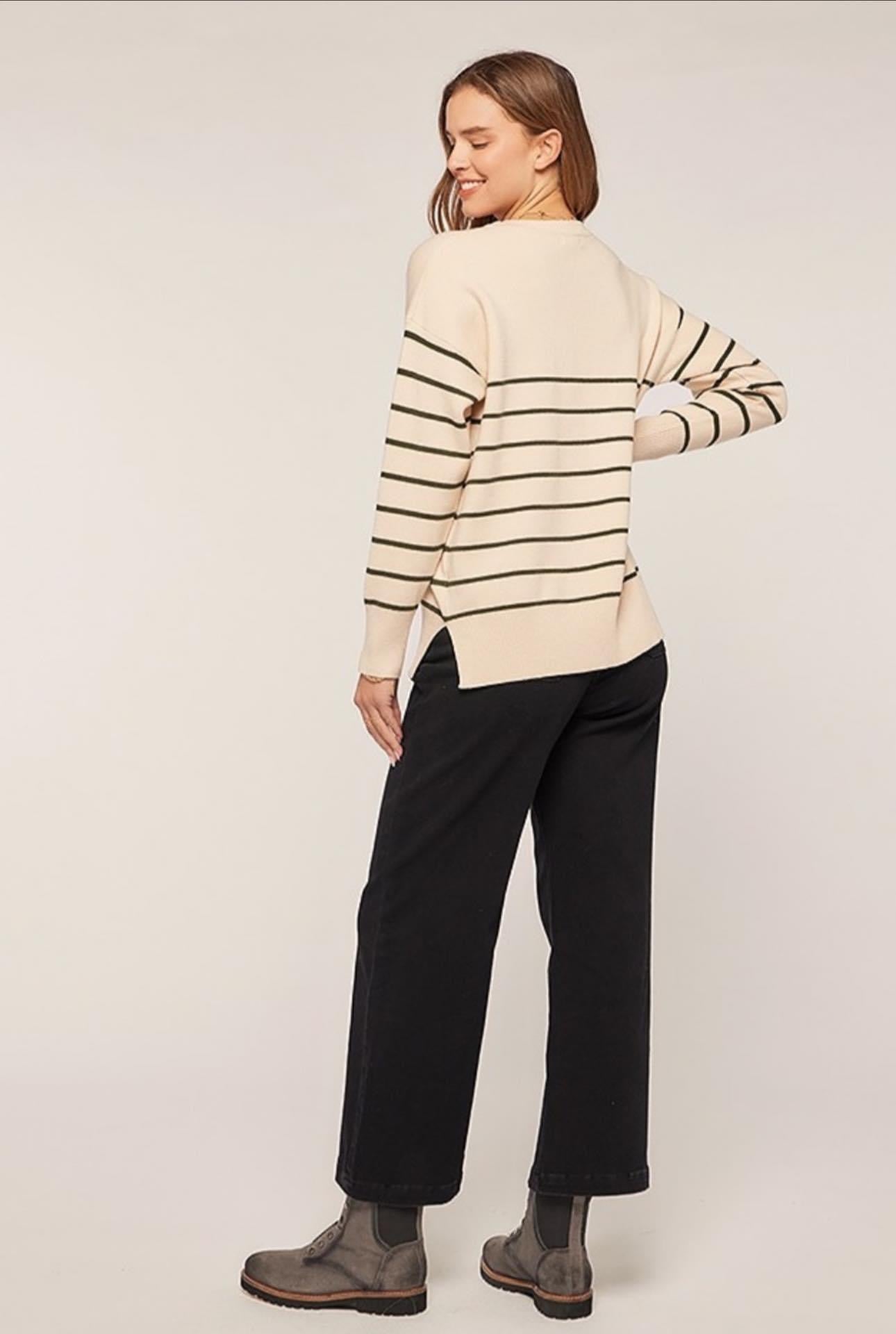 OATMEAL/DARK GREEN STRIPE SWEATER