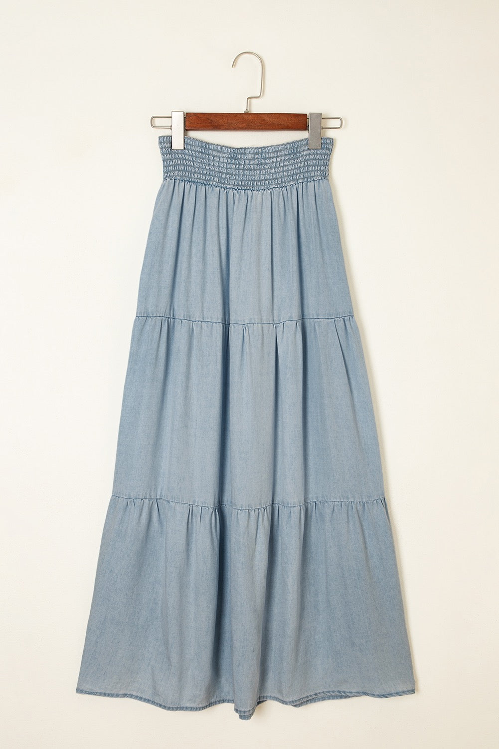 PREORDER TIERED SMOCKED DENIM MAXI SKIRT