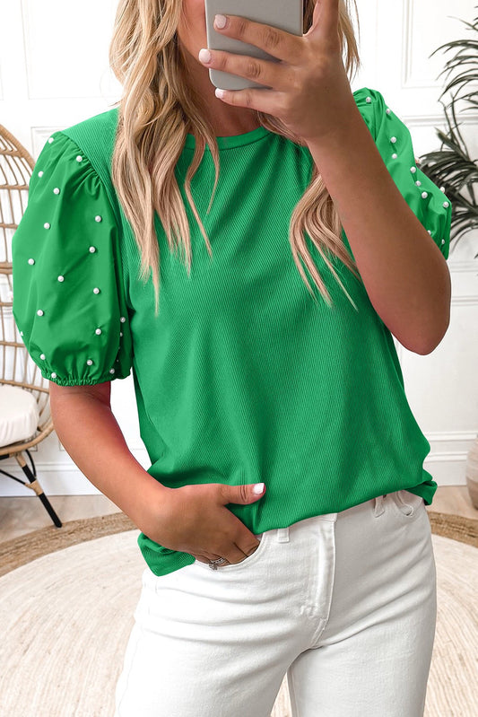 PREORDER GREEN RIBBED PEARL BEADED PUFF SLEEVE TOP