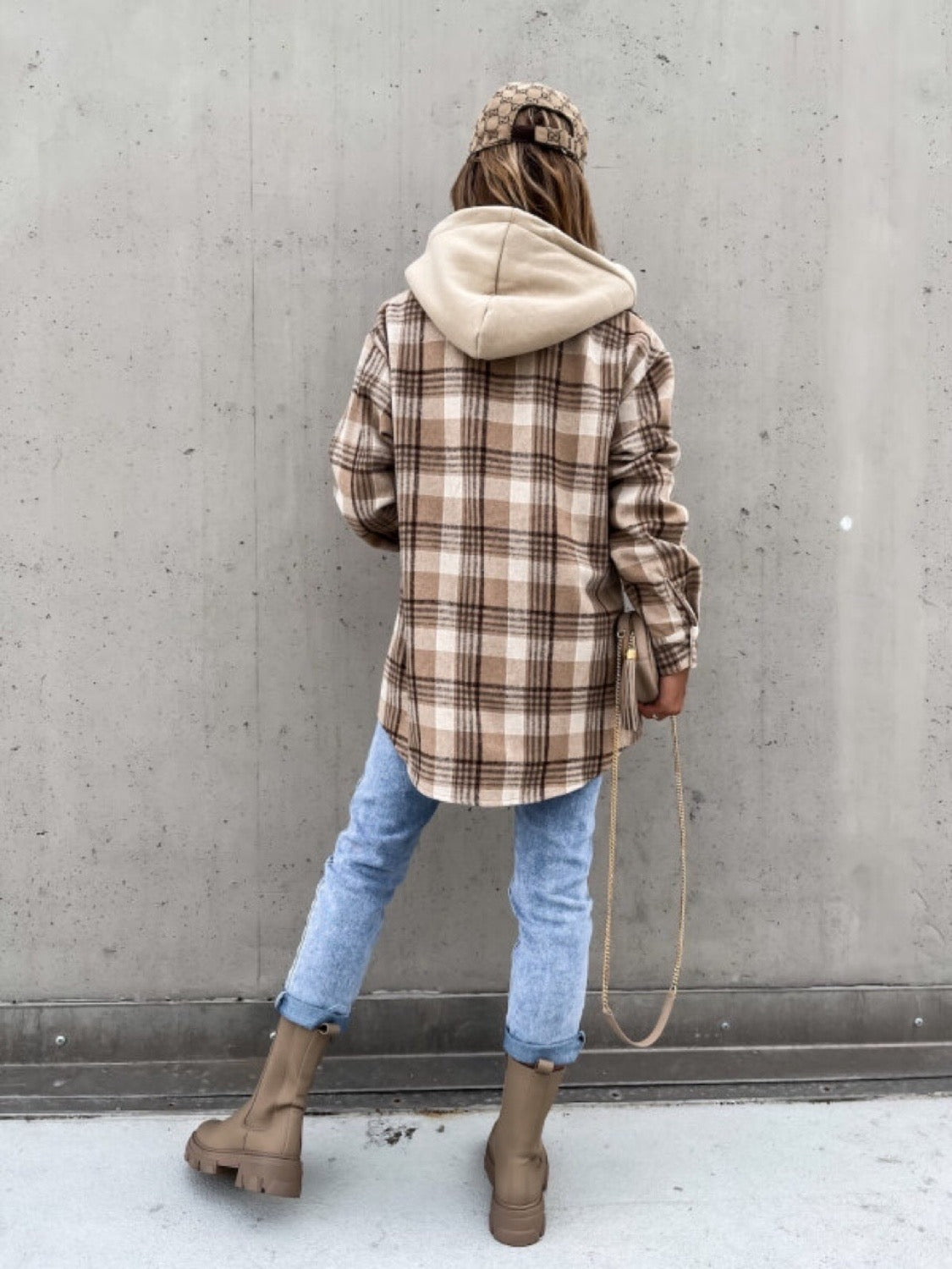 CAMEL PLAID SHACKET WITH REMOVABLE HOOD