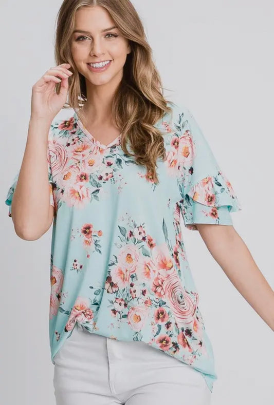 FLORAL VNECK TOP WITH RUFFLE SLEEVE