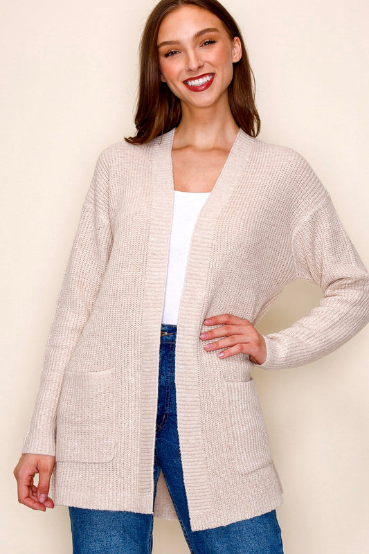 OATMEAL OPEN FRONT POCKET SWEATER CARDIGAN