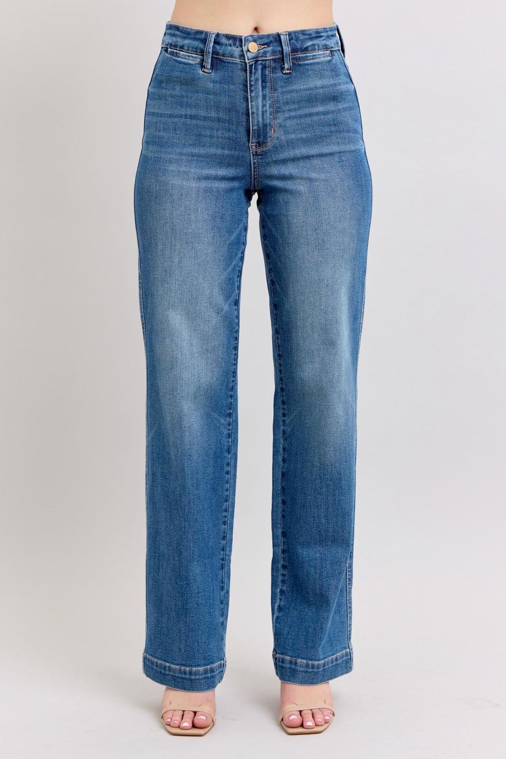 JUDY BLUE HIGH WAIST CONTRAST THREAD STRAIGHT DENIM JEANS