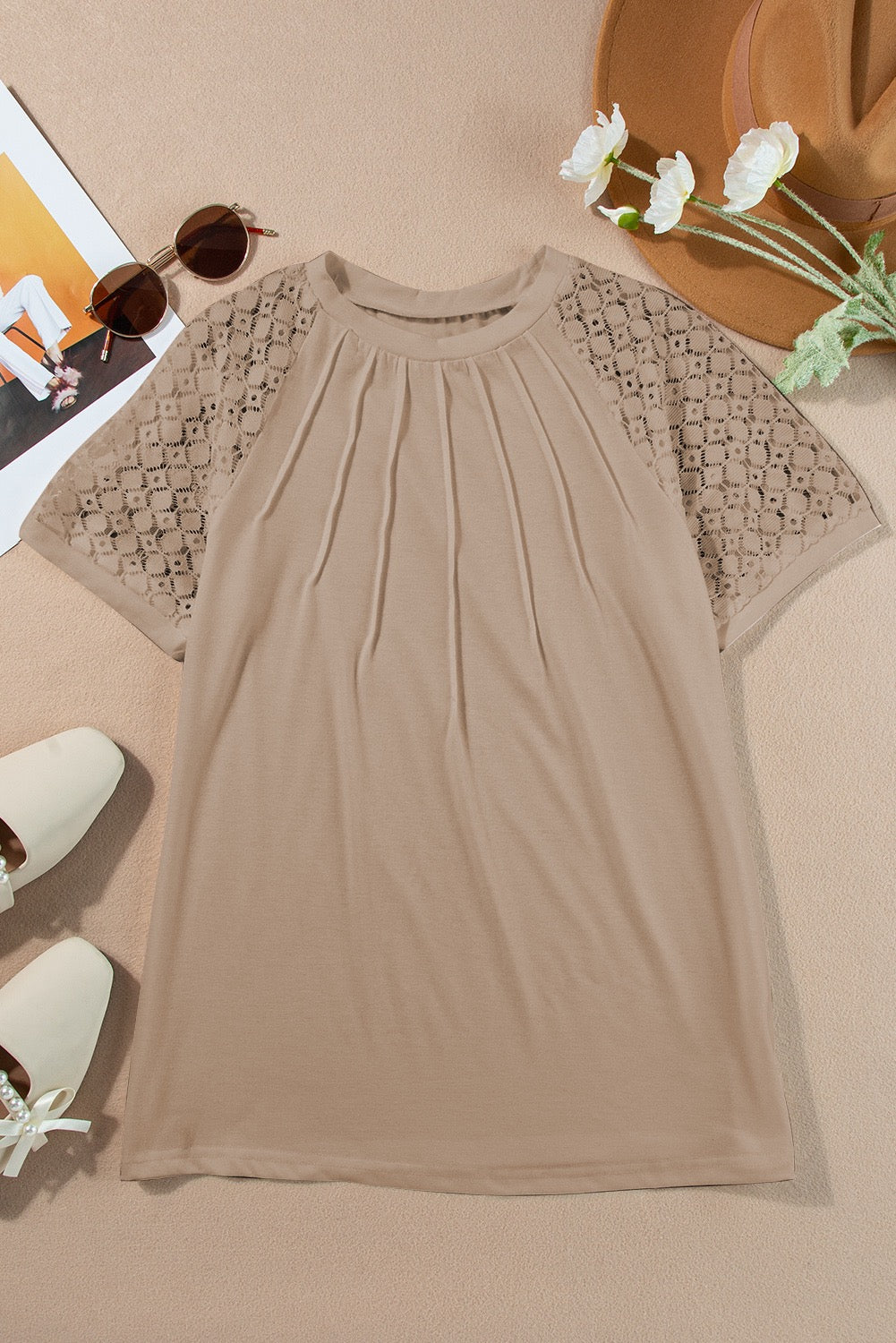 KHAKI SEAMED DETAIL LACE RAGLAN SLEEVE TOP