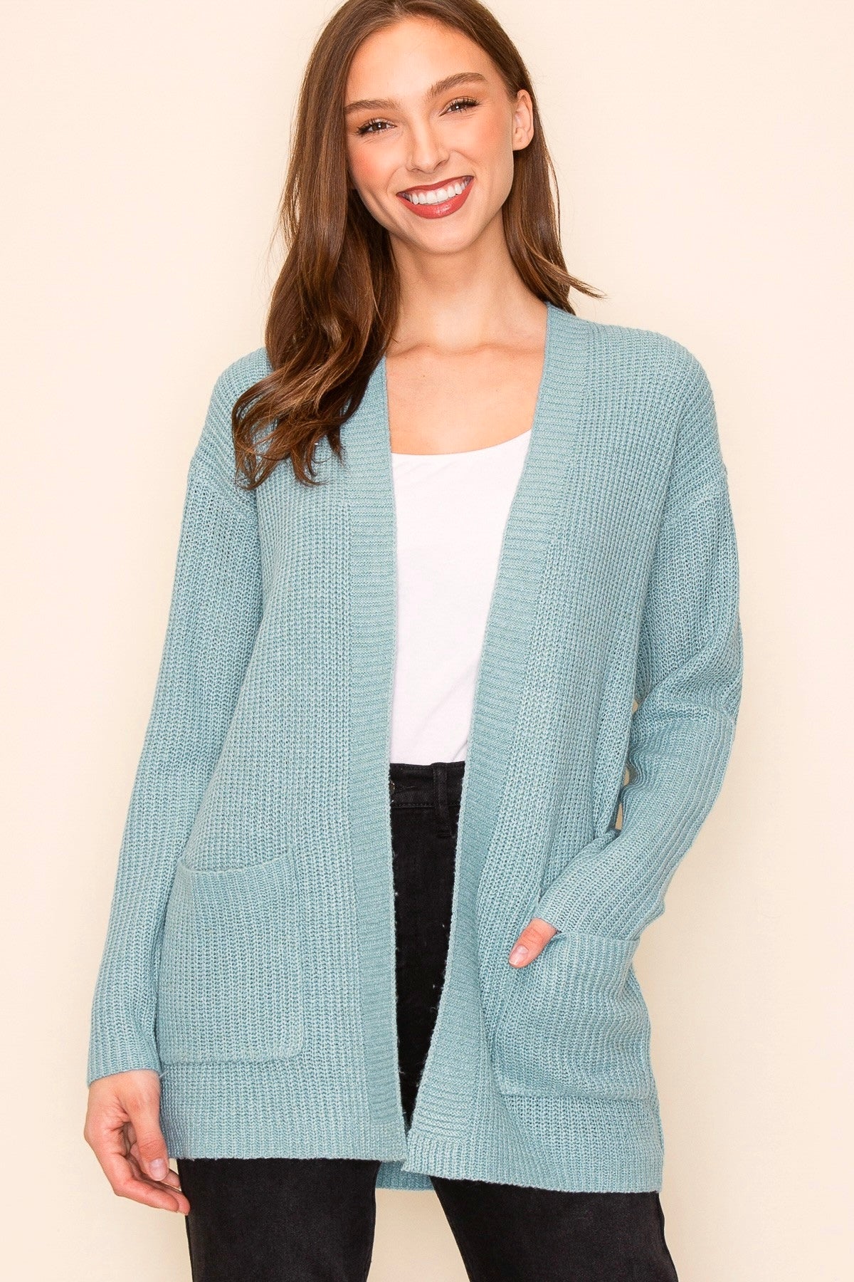 TEAL BLUE OPEN FRONT POCKET SWEATER CARDIGAN