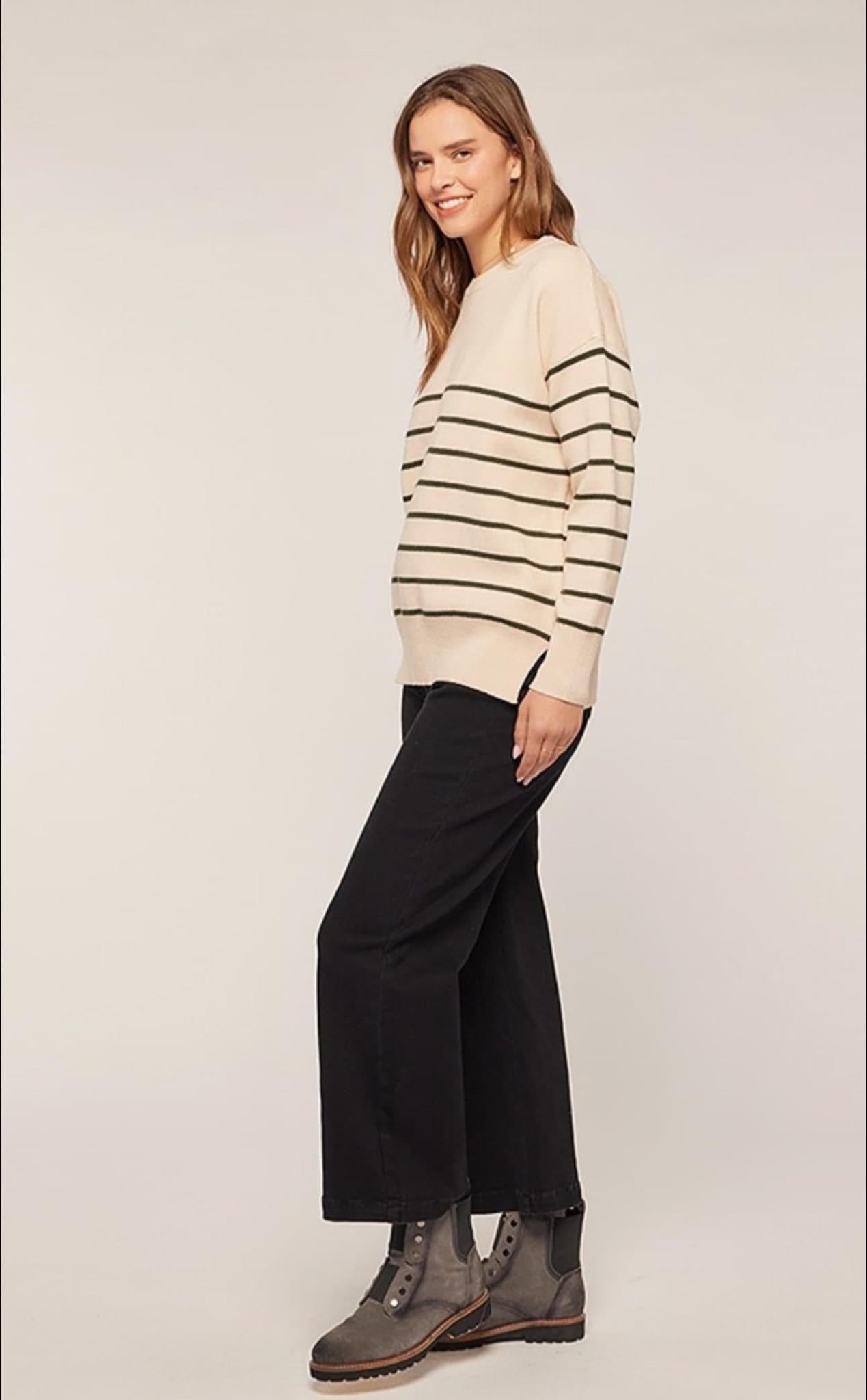 OATMEAL/DARK GREEN STRIPE SWEATER