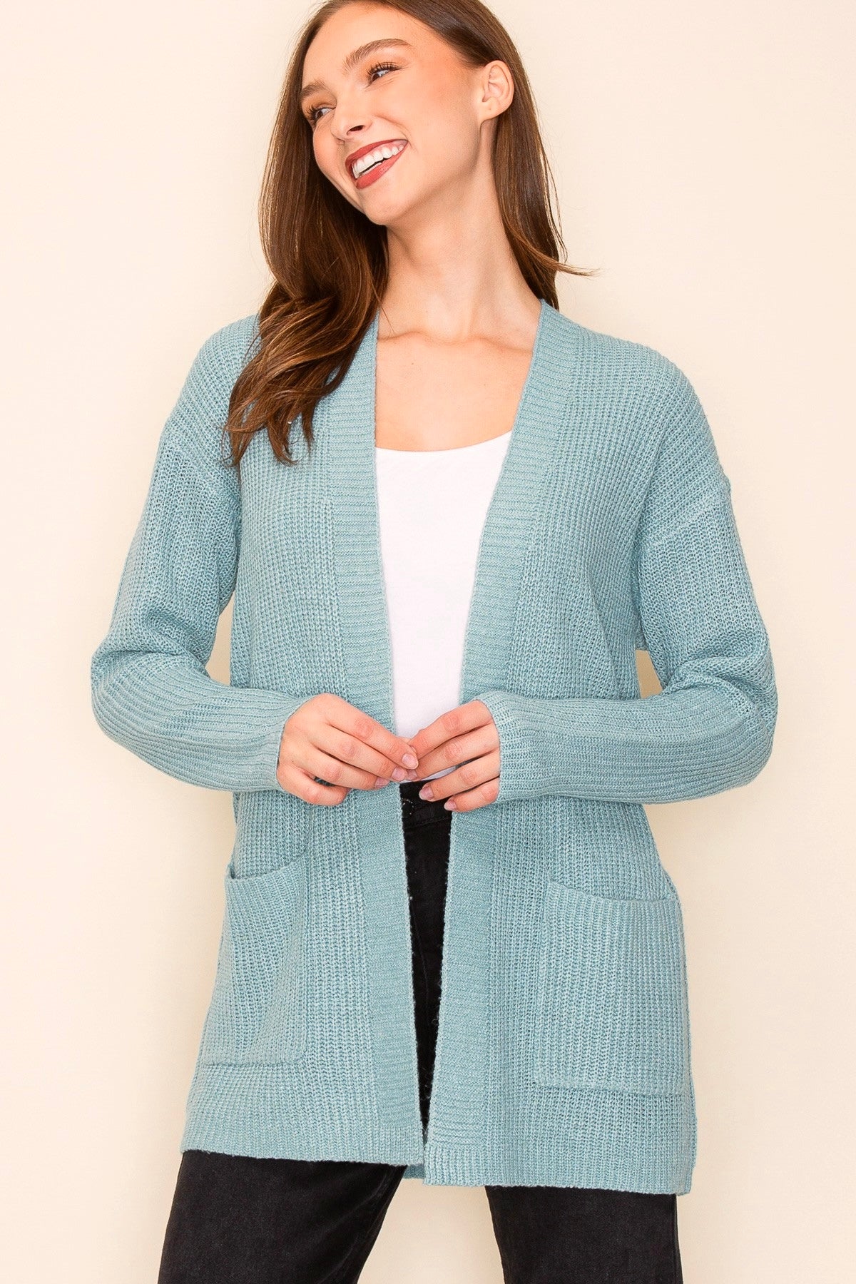 TEAL BLUE OPEN FRONT POCKET SWEATER CARDIGAN