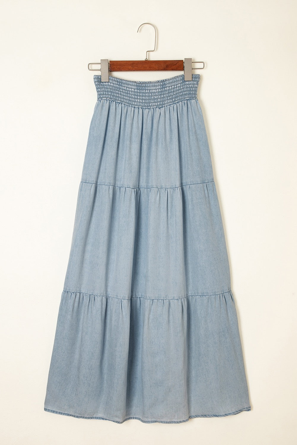 PREORDER TIERED SMOCKED DENIM MAXI SKIRT