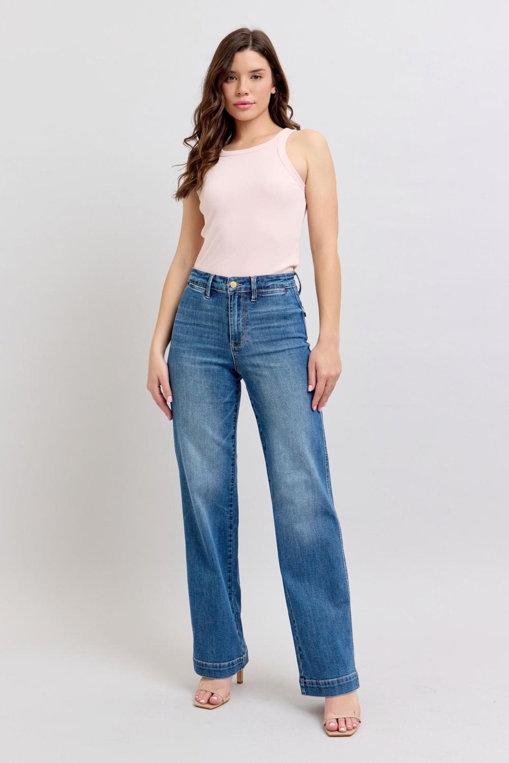 JUDY BLUE HIGH WAIST CONTRAST THREAD STRAIGHT DENIM JEANS