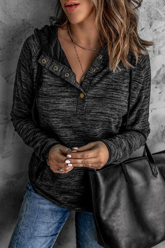 BLACK HEATHER SNAP BUTTON HOODED PULLOVER