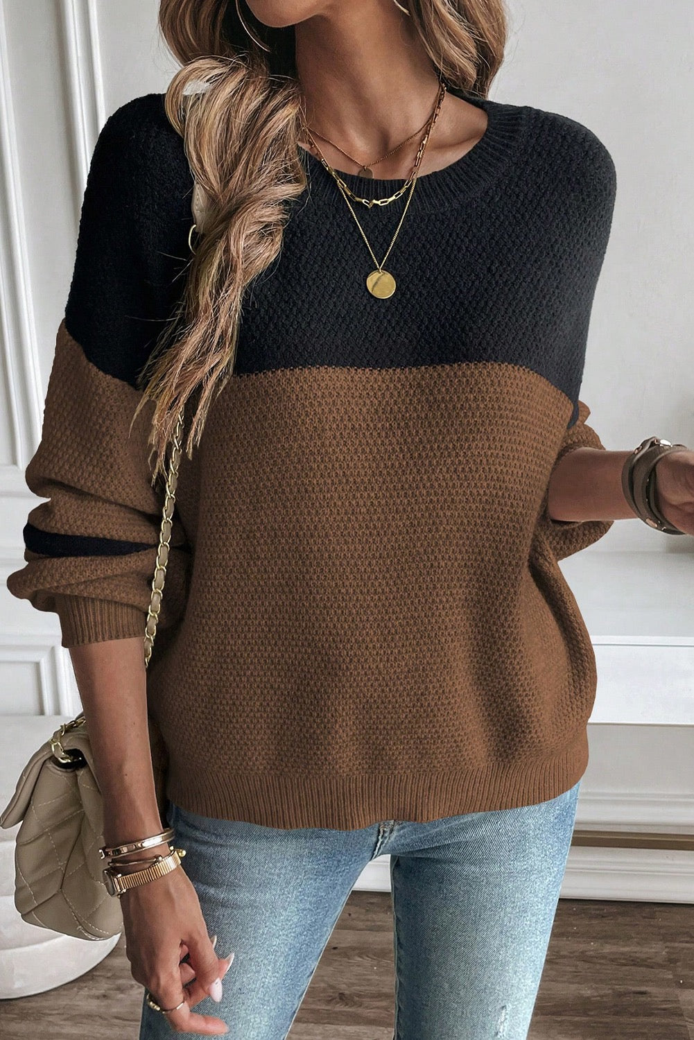 PREORDER BROWN COLORBLOCK KNIT STRIPE SLEEVE SWEATER