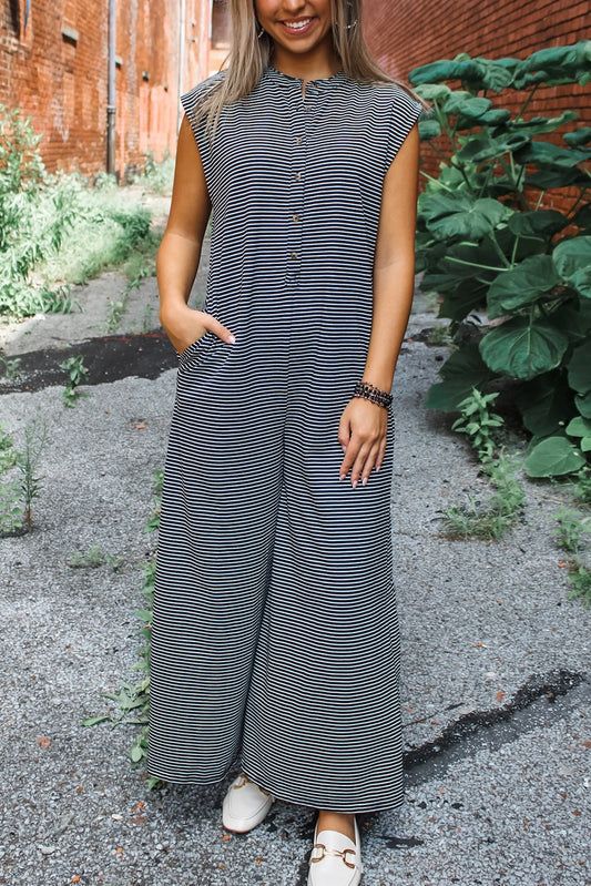 BLACK & WHITE STRIPED BUTTON DOWN WIDE LEG SLEEVELESS JUMPSUIT