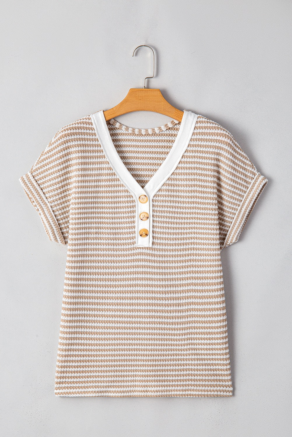 KHAKI STRIPED KNIT BUTTON VNECK TOP