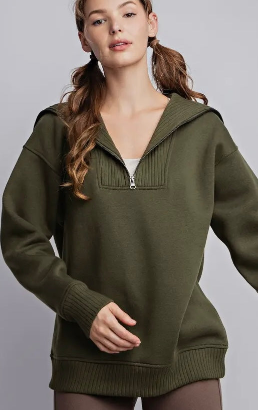 OLIVE FRENCH TERRY RIBBED MOCK NECK QUARTER ZIP