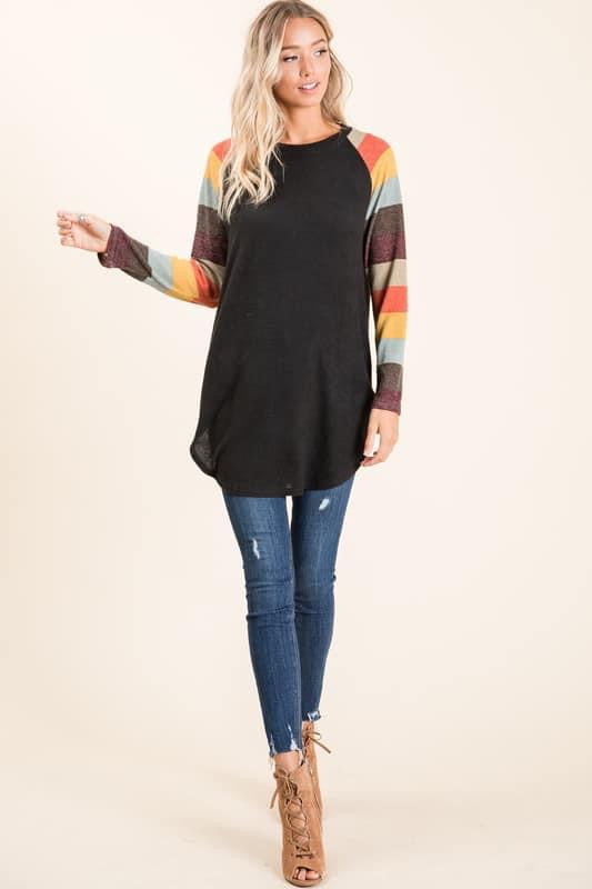 COLORFUL STRIPE SLEEVE LONG SLEEVE RAGLAN TOP