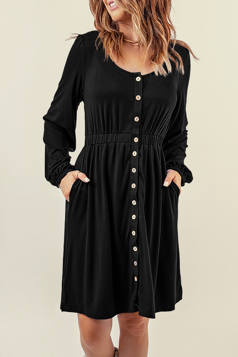 BLACK BUTTON DOWN LONG SLEEVE DRESS