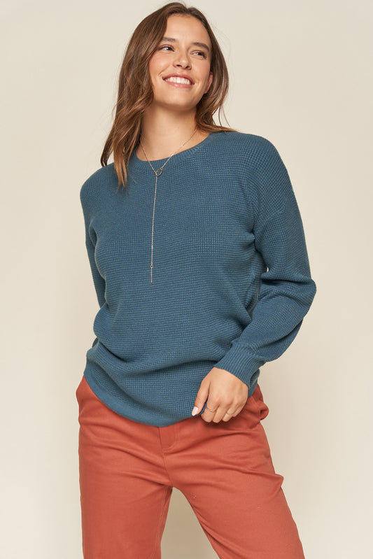 TEAL WAFFLE TEXTURE SOFT SWEATER