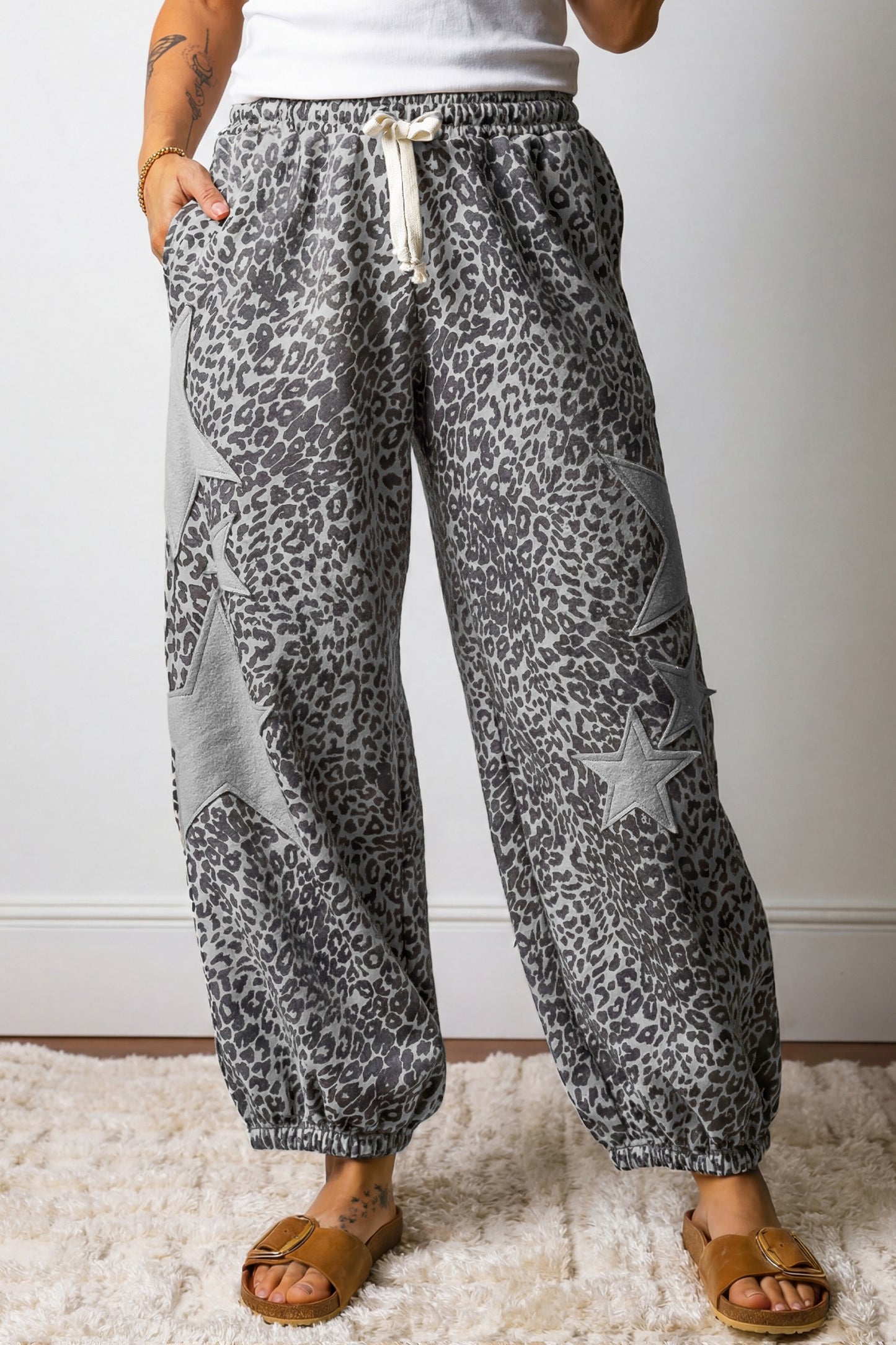 PREORDER GRAY LEOPARD STAR PATCH JOGGERS