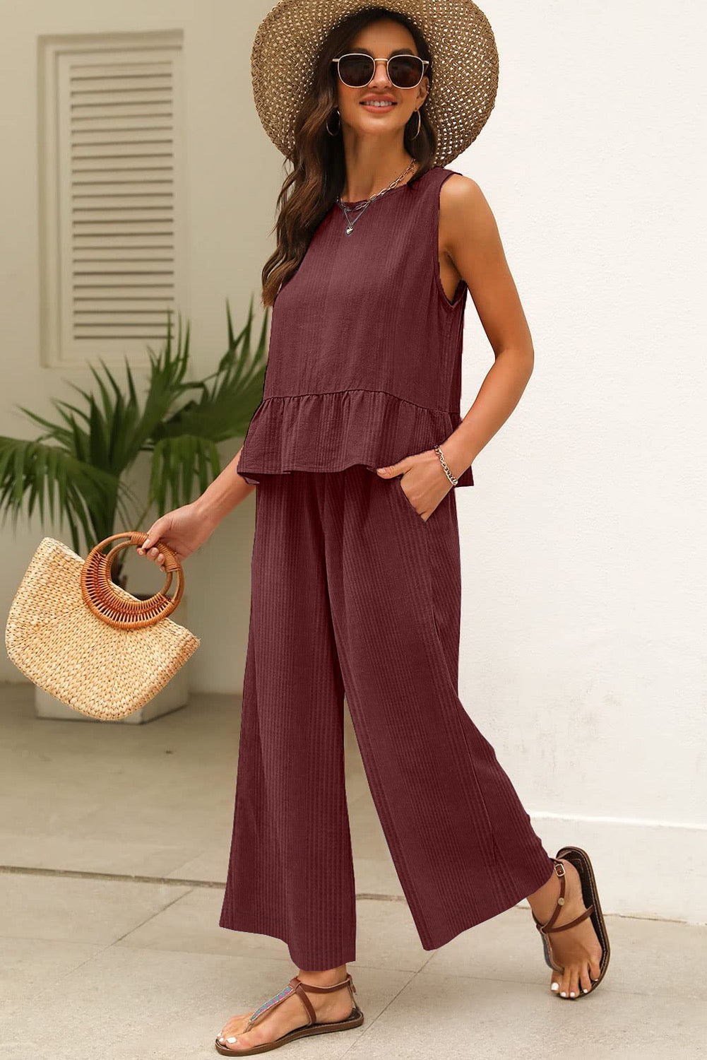 PREORDER RIBBED RUFFLED TANK AND PANTS SET