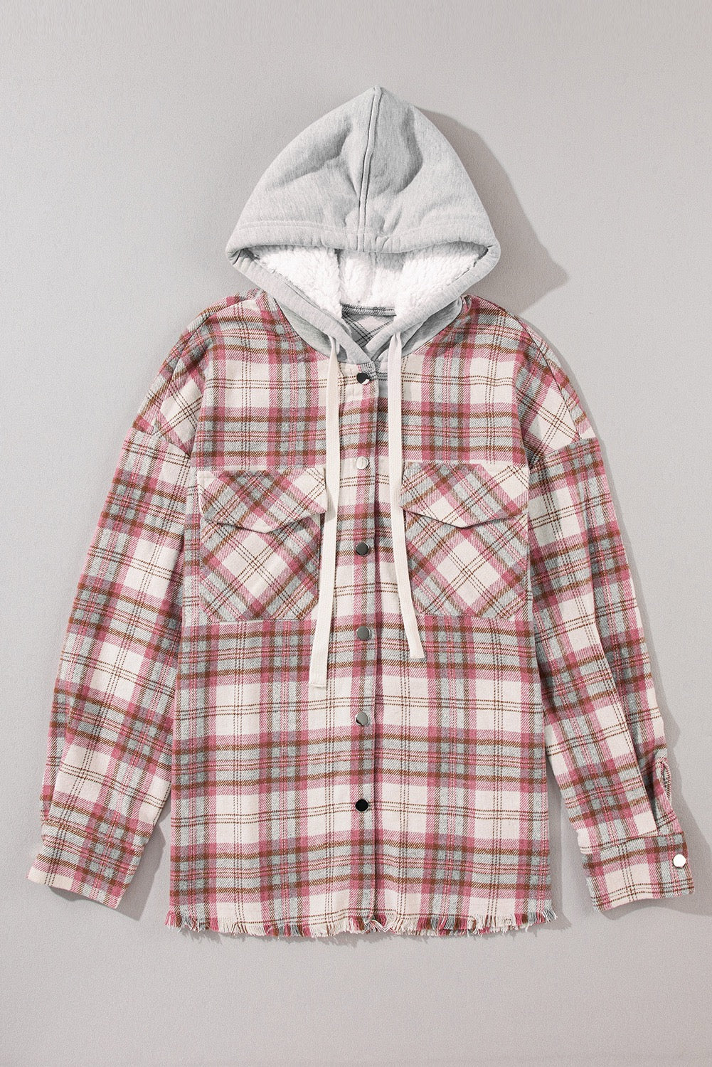 MULTICOLOR PLAID HOODED RAW HEM JACKET