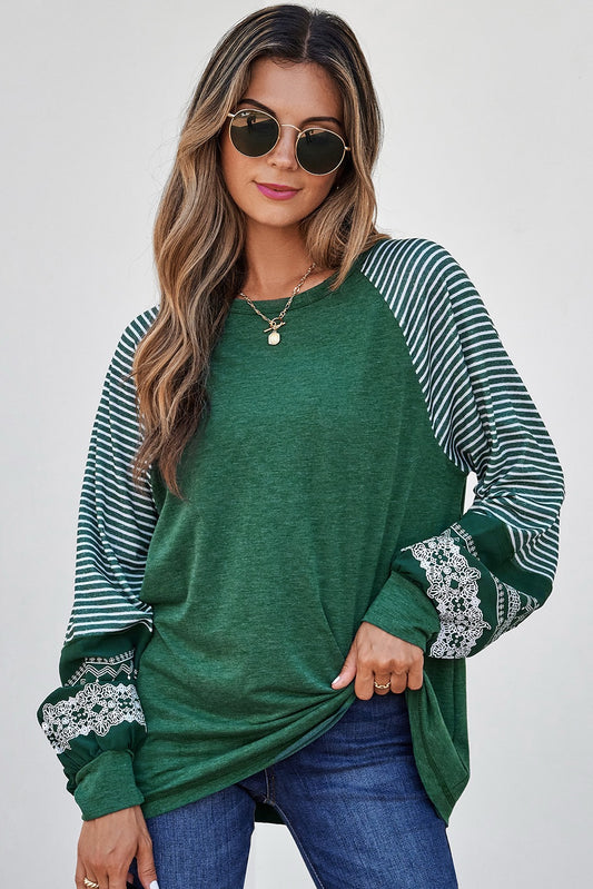 PREORDER DEEP GREEN RAGLAN STRIPED LOOSE SLEEVE TOP