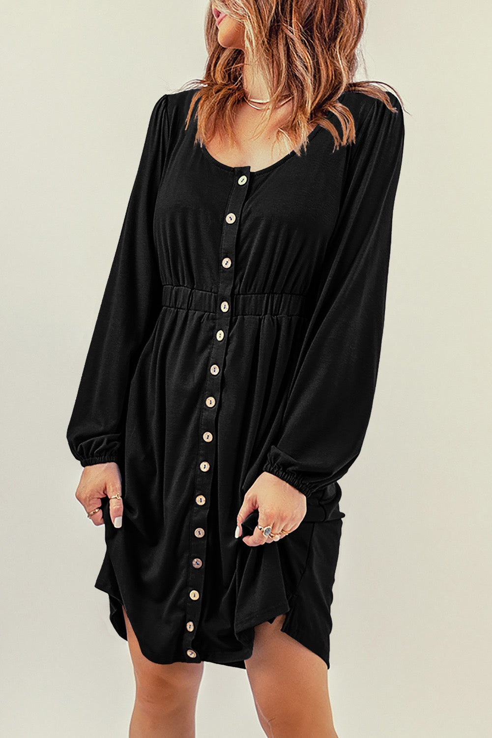 BLACK BUTTON DOWN LONG SLEEVE DRESS