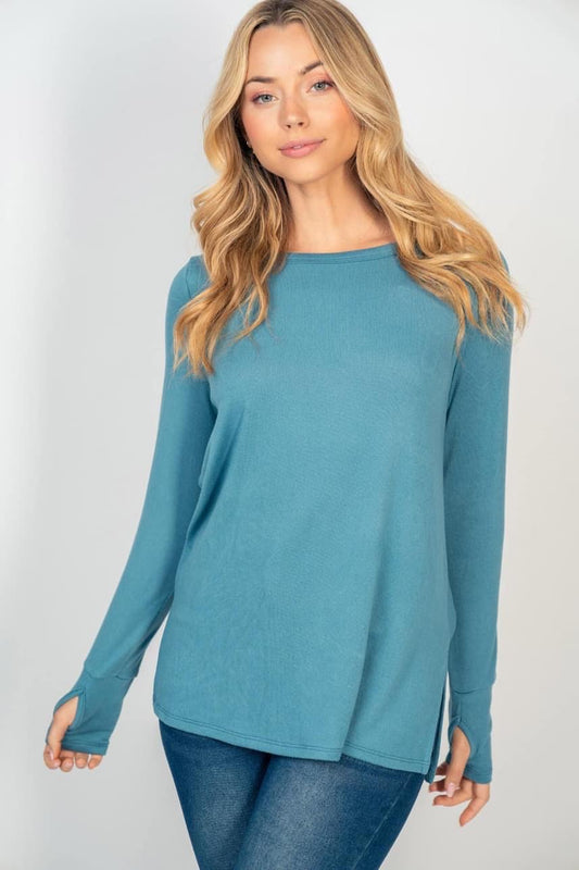 CLOUD SOFT STEEL BLUE LONG SLEEVE TOP WITH THUMBHOLES